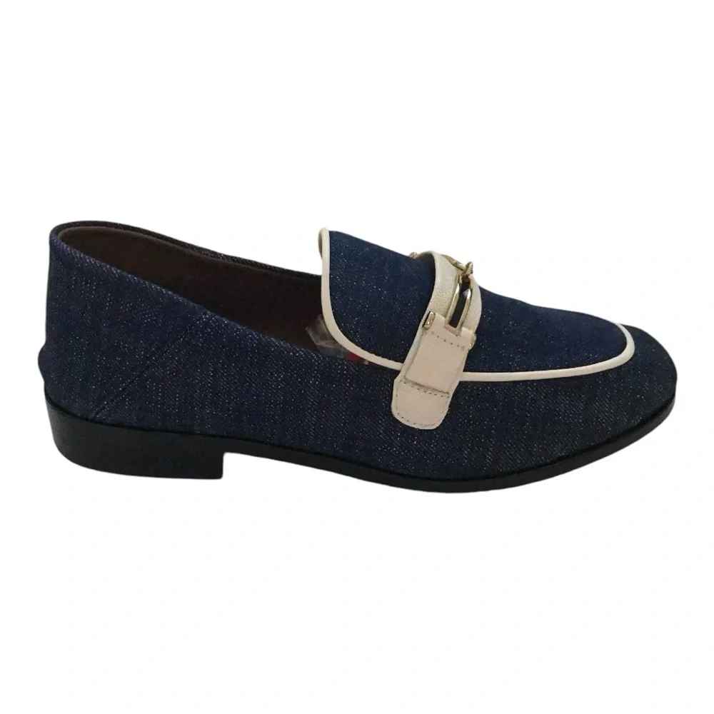 Newbark Melanie White Leather Trimmed Dark Navy Denim Loafers Size 7